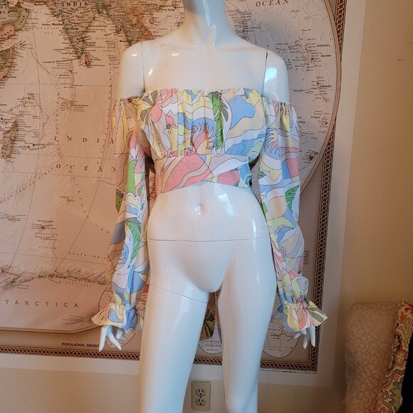 Milk & Honey pastel crop top off shoulder balloon sleeves bow boho retro arty XL - Picture 1 of 12